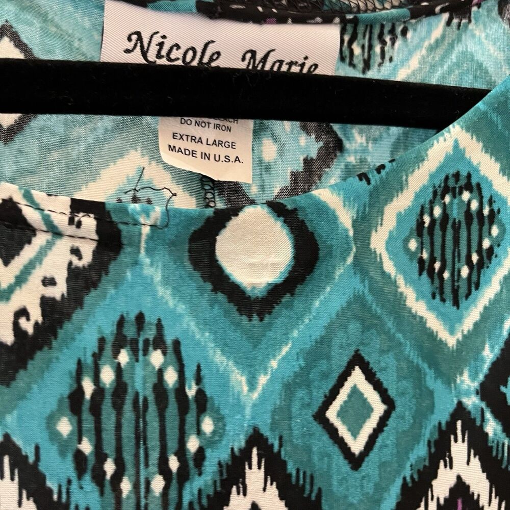 Nicole Marie Blue Teal Black Chevron Geometric Shark Bite Hem Top Womens Size XL - Picture 6 of 13